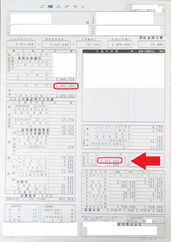 フォルクスワーゲン・ティグアンの下取り価格を示す見積書。245万円であることが確認できる。