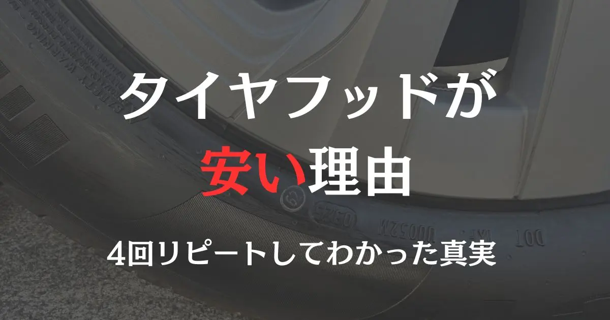 タイヤフッドが安い理由についてのキャプション。バックには、タイヤ交換後の写真を掲載