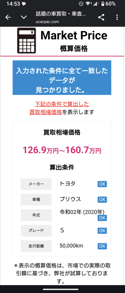 プリウスの概算表示画面