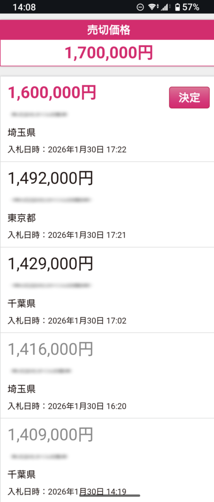 オークションの最終落札額が160万となった画面コピー